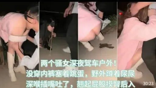 两个骚女深夜驾车户外， 没穿内裤塞着跳蛋，野外蹲着尿尿，深喉插嘴吐了，翘起屁股摸臀后入