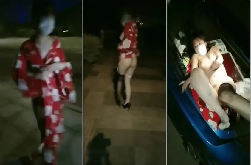 橙橙小萝莉晚上户外马路边露出玩SM,黑白丝高跟鞋全裸路上按摩器自慰,黑绳绑在柱子上跪地爬行