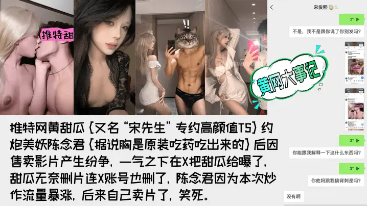 【重磅吃瓜】著名网黄[甜瓜](宋先生)被极品高颜值TS[陈念君]曝光真实身份！背刺事件始末！附陈念君合集，最全了！